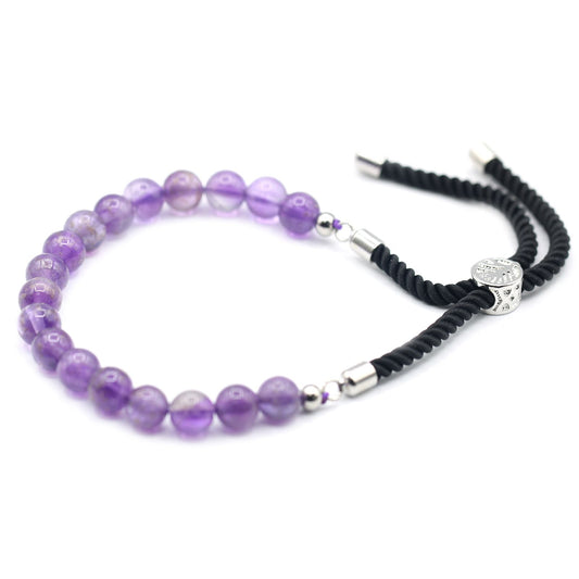 925 Silver Plated Gemstone Black String Bracelet - Amethyst - Luna Panther