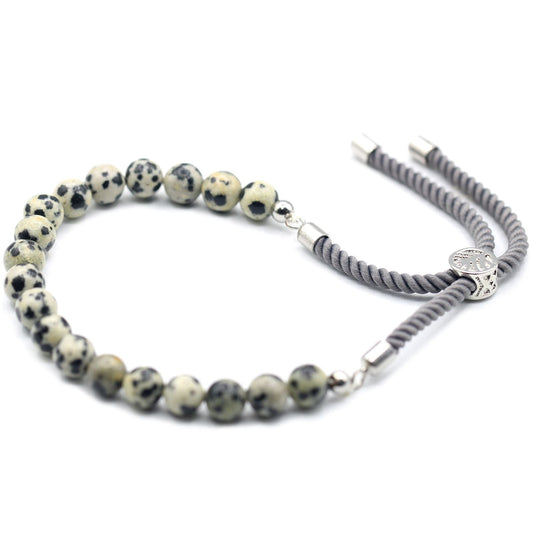 925 Silver Plated Gemstone Charcoal String Bracelet - Dalmatian Jasper - Luna Panther