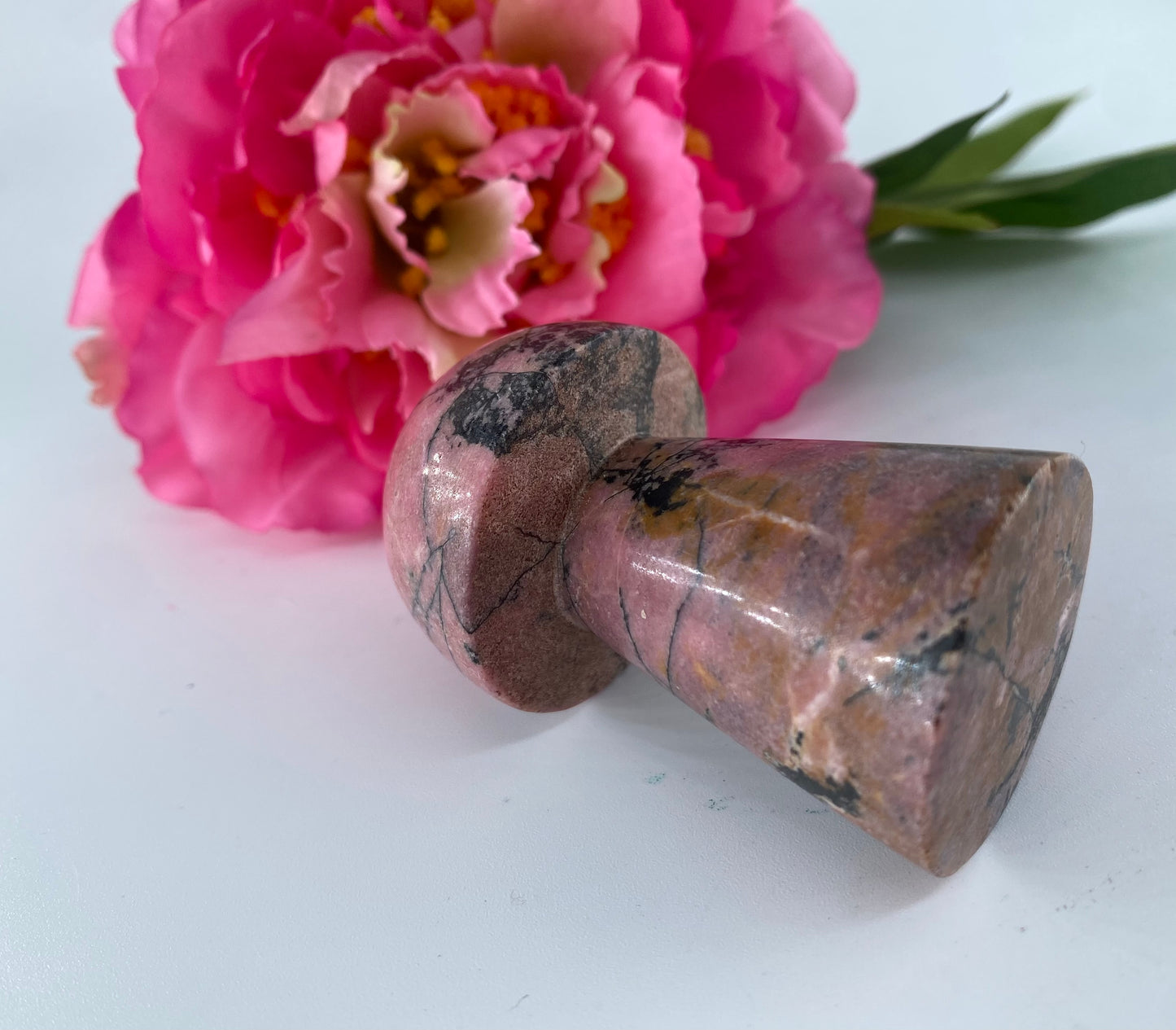 Polished Rhodonite Mushroom 85Grams 1 featuring pink tone with black veining - Luna Panther