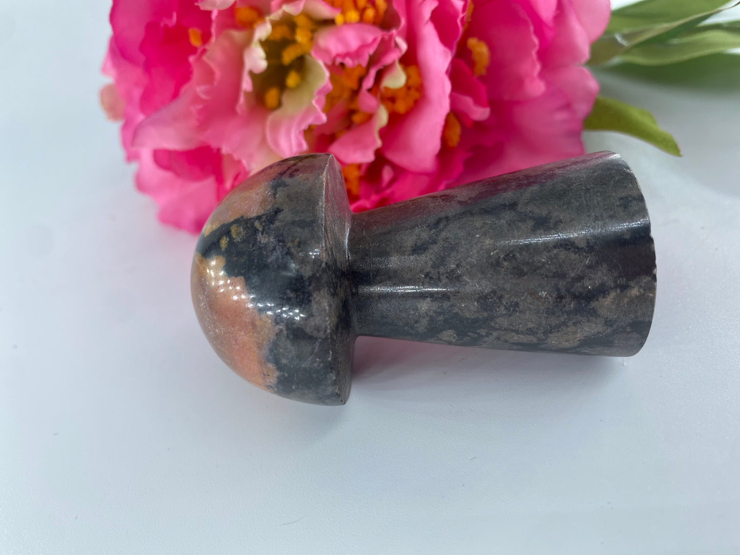 Polished Rhodonite Mushroom 157Grams featuring pink tone with black veining - Luna Panther