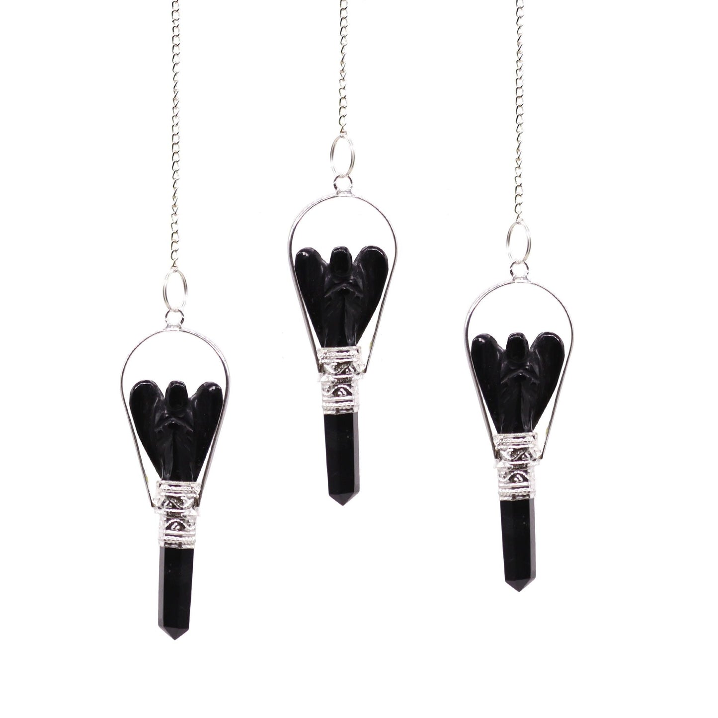 Polished Angel Pendulum with Ring- Black Agate featuring banded patterns and glossy finish - Luna Panther