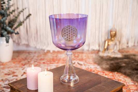 MEINL Sonic Energy Crystal Singing Chalice 8" - F3/Heart Chakra/440 Hz - Flower of Life/Purple detail view 2 at Luna Panther alternate view