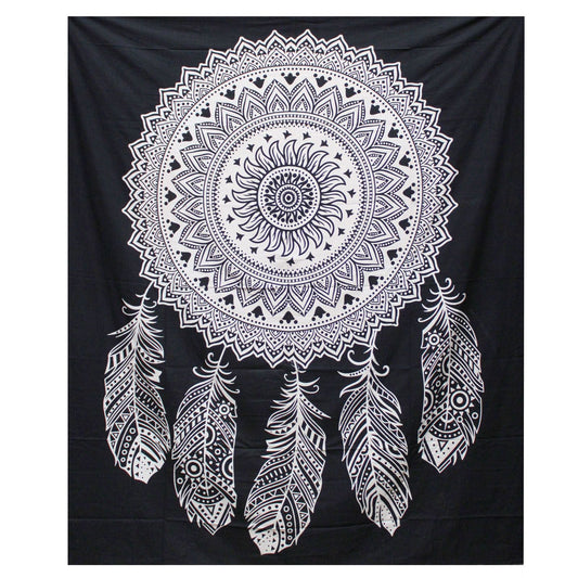 Black and White Double Cotton Bedspread + Wall Hanging - Dreamcatcher - Luna Panther