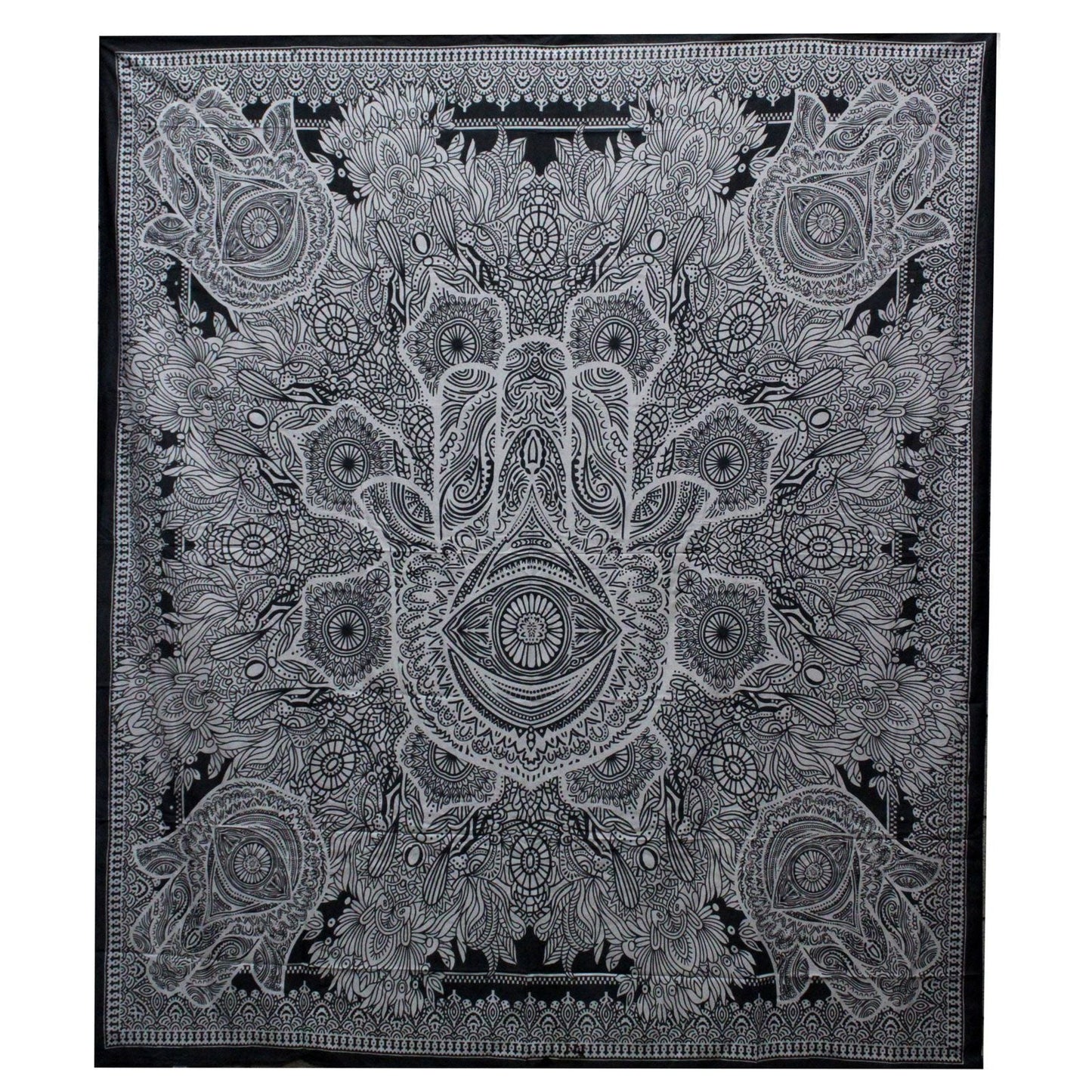Black and White Double Cotton Bedspread + Wall Hanging - Hamsa - Luna Panther