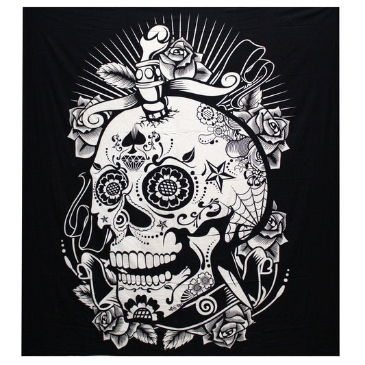 Black and White Double Cotton Bedspread + Wall Hanging - Rose Skull - Luna Panther