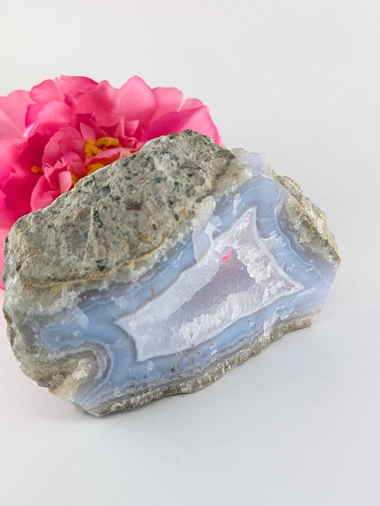 Natural Blue Lace Agate Geode Specimen 422g featuring pale blue banding and soft translucence - Luna Panther