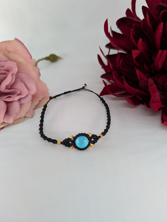 Polished Blue Turquoise Black Micro Macrame Bracelet featuring natural patterning and unique variations - Luna Panther