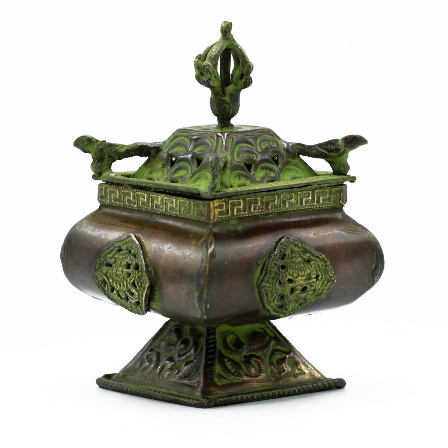 Polished Brass Verdigris Tibetan Burner - Four Symbols Square Standing Pot featuring natural patterning and unique variations - Luna Panther