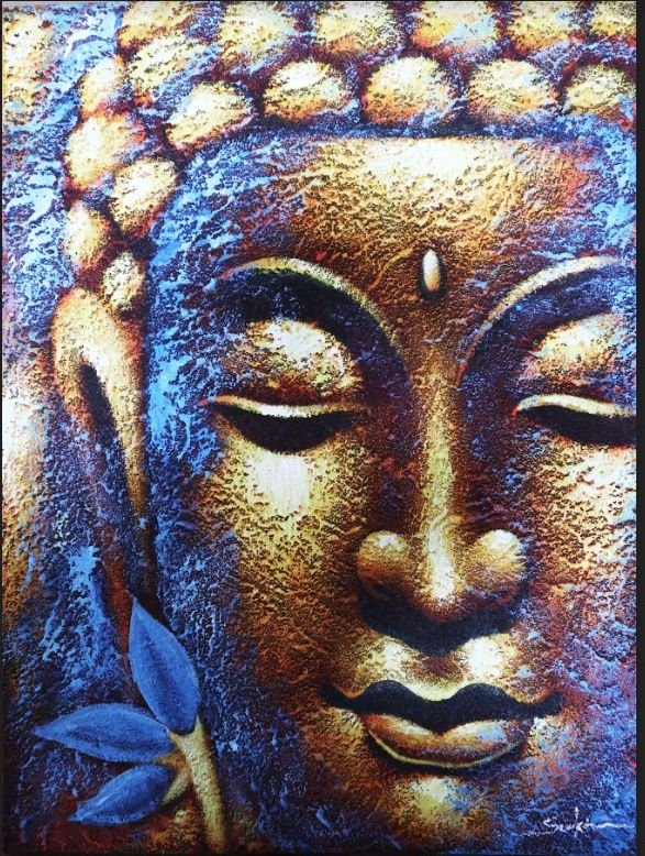 Buddha Painting - Gold Face & Lotus Flower - Luna Panther