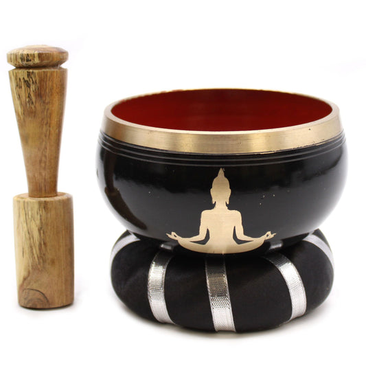Polished Buddha Singing Bowl Set- Black/Orange 10.7cm featuring natural patterning and unique variations - Luna Panther