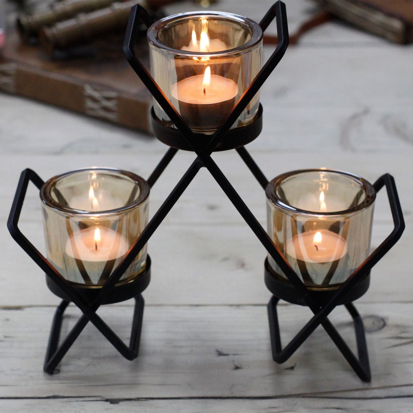 Centrepiece Iron Votive Candle Holder - 3 Cup Triangle - Luna Panther