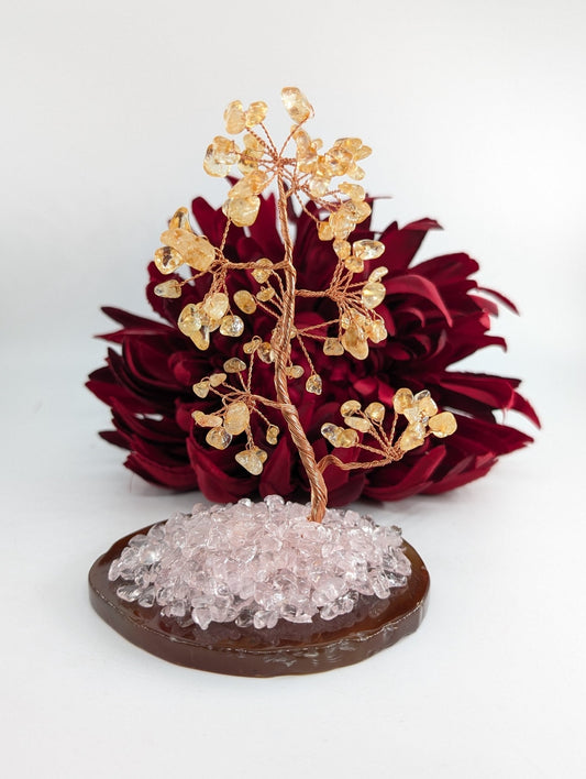 Polished Citrine Tree with Rose Quartz on Natural Agate featuring soft pink tone and gentle translucence - Luna Panther