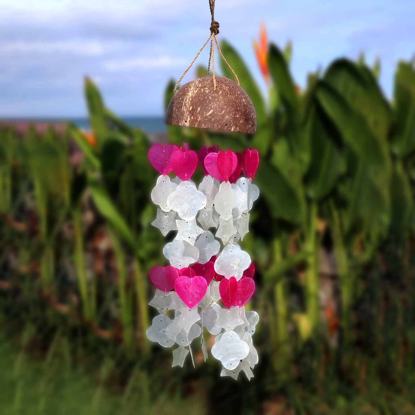 Coconut & Capiz Wind Chimes - Pink and White Mix Shapes - 35cm - Luna Panther