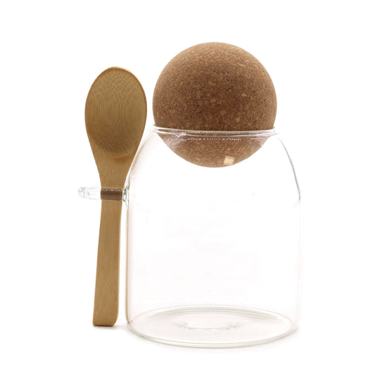 Polished Cottage Cork-Ball Glass Jar - Clear & Spoon - 10cm featuring natural patterning and unique variations - Luna Panther