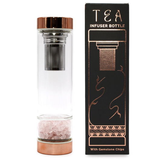 Crystal Glass Tea Infuser Bottle - Rose Gold - Rose Quartz - Luna Panther
