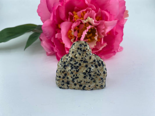 Polished Dalmatian Jasper Buddha featuring cream base with black spots - Luna Panther