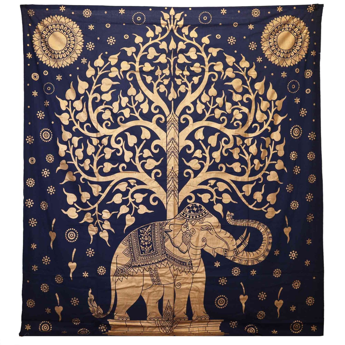 Double Cotton Bedspread + Wall Hanging - Elephant & Tree - Blue Gold - Luna Panther