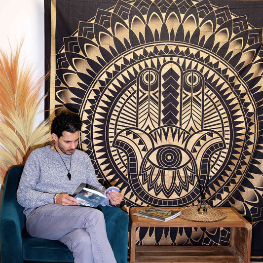 Double Cotton Bedspread + Wall Hanging - Hamsa - Black Gold - Luna Panther