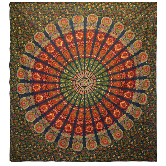 Double Cotton Bedspread + Wall Hanging - Peacock Mandala - Green - Luna Panther