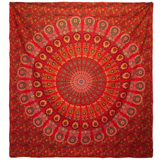 Double Cotton Bedspread + Wall Hanging - Peacock Mandala - Red - Luna Panther