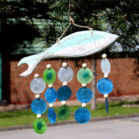 Driftwood Wind Chime - Aqua Fish Carving and Copis Drop - Luna Panther