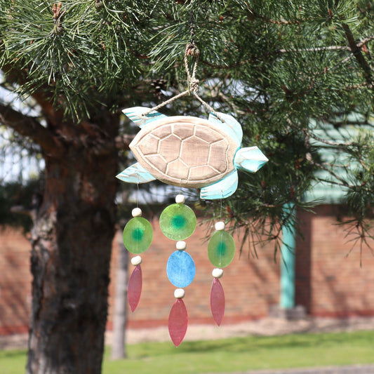 Driftwood Wind Chime - Aqua Turtle Carving and Copis Drop - Luna Panther alternate view