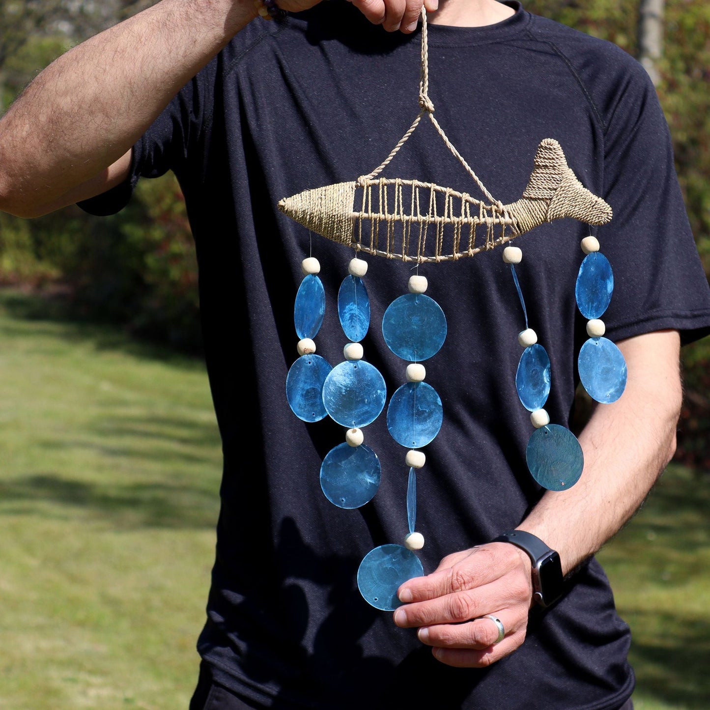 Driftwood Wind Chime - String Fish and Blue Copis Drop - Luna Panther