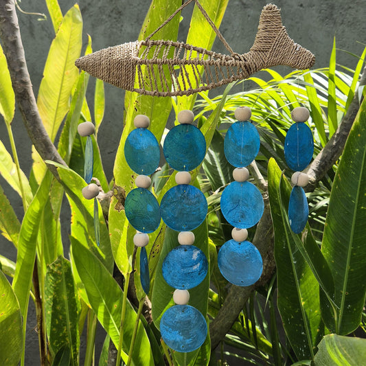 Driftwood Wind Chime - String Fish and Blue Copis Drop - Luna Panther
