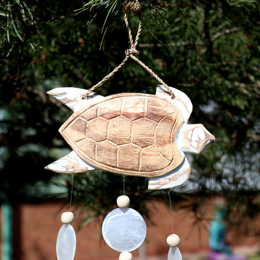 Driftwood Wind Chime - Whitewash Turtle Carving and Natural Copis Drop - Luna Panther alternate view