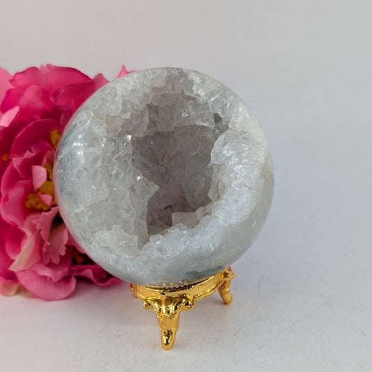 Natural Druzy Green Moss Agate Sphere 410g 70mm featuring green mossy inclusions in translucent base - Luna Panther