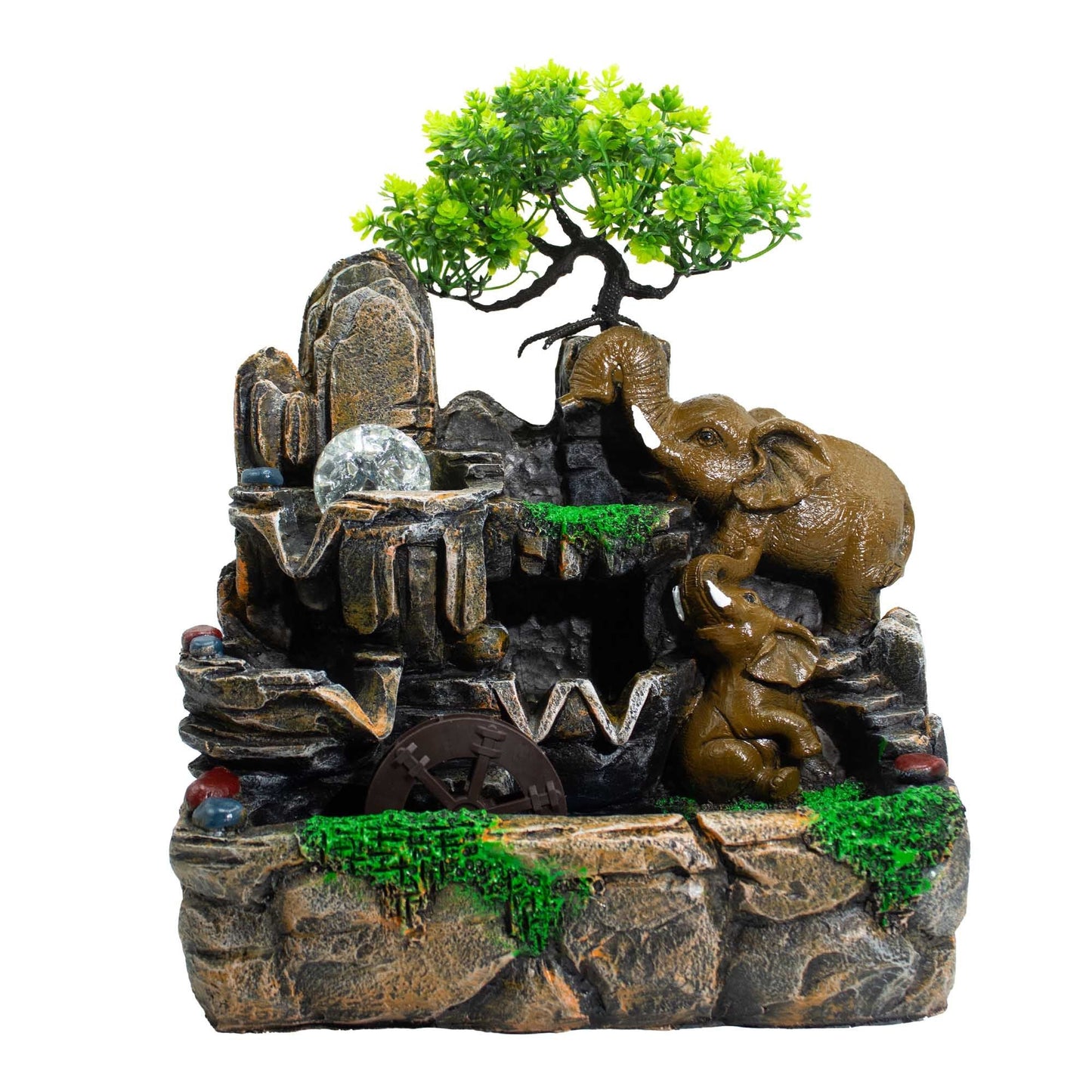Elephants in Love Tabletop Water Feature with Crystal Ball, Light & Watermill - Luna Panther
