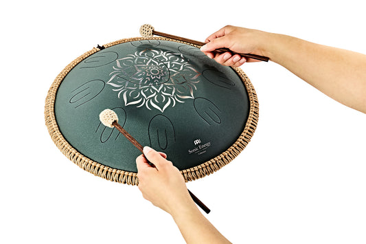 MEINL Sonic Energy Octave Steel Tongue Drum 16" - F Major/9 Notes/432 Hz - Dark Green, Engraved detail view 2 at Luna Panther alternate view