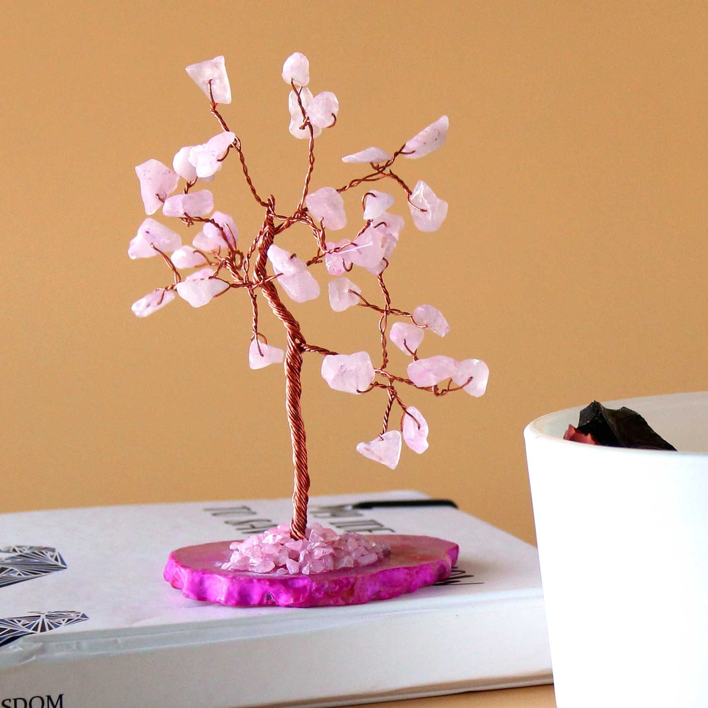 Polished Gemstone Tree - Rose Quartz on Pink Agate Base (35 stones) featuring soft pink tone and gentle translucence - Luna Panther