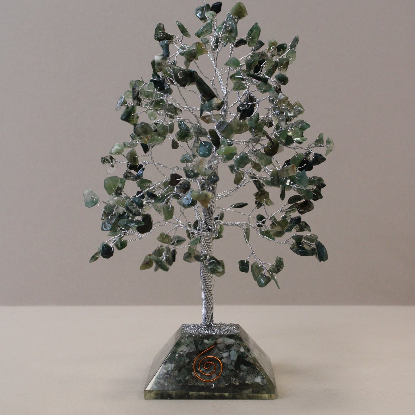 Polished Gemstone Tree with Orgonite Base - 320 Stone - Moss Agate featuring green mossy inclusions in translucent base - Luna Panther