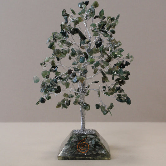Polished Gemstone Tree with Orgonite Base - 320 Stone - Moss Agate featuring green mossy inclusions in translucent base - Luna Panther