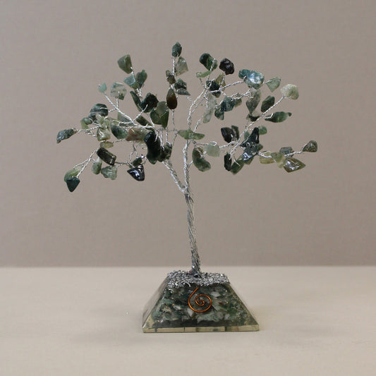 Polished Gemstone Tree with Orgonite Base - 80 Stone - Moss Agate featuring green mossy inclusions in translucent base - Luna Panther