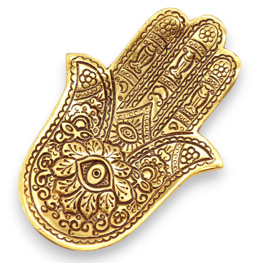 Polished Gold Aluminium Small Hamsa Incense Holder featuring natural patterning and unique variations - Luna Panther