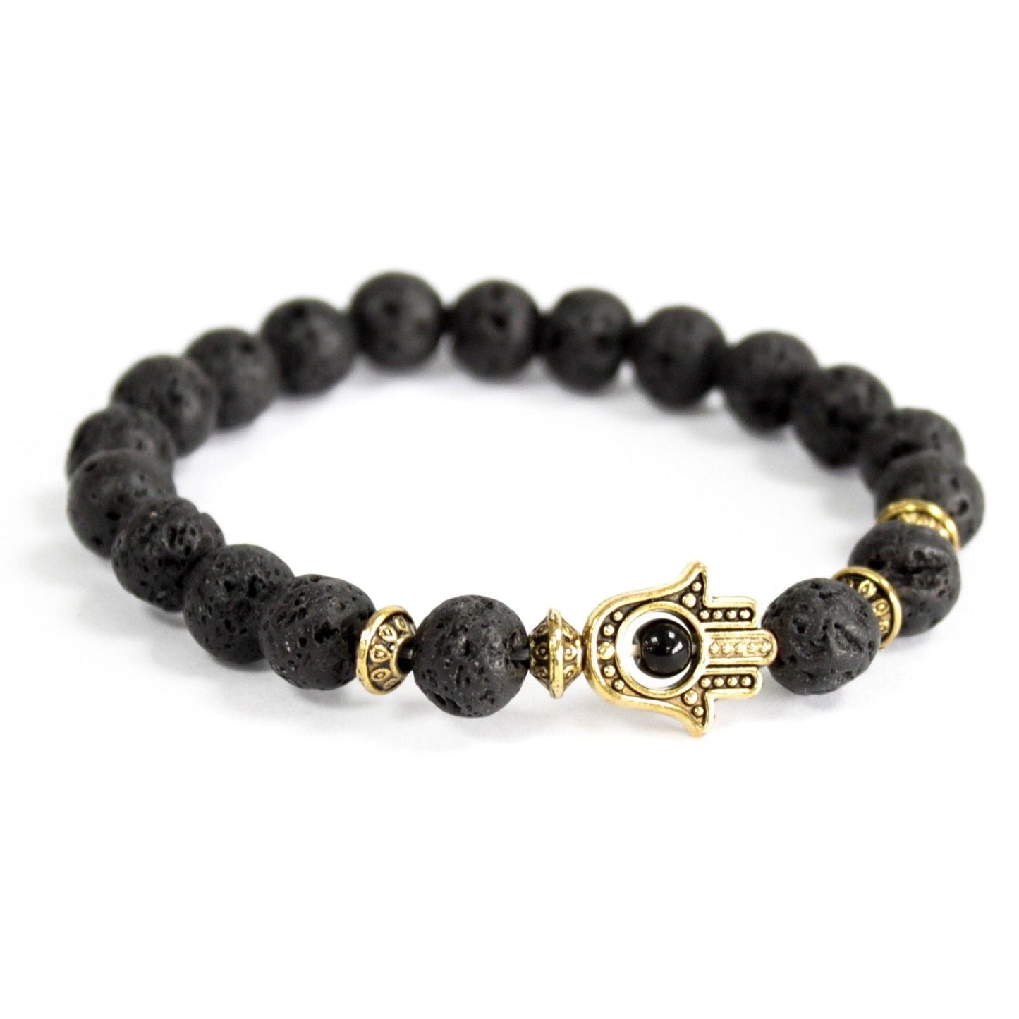 Polished Gold Hamsa / Lava Stone - Gemstone Bracelet featuring natural patterning and unique variations - Luna Panther
