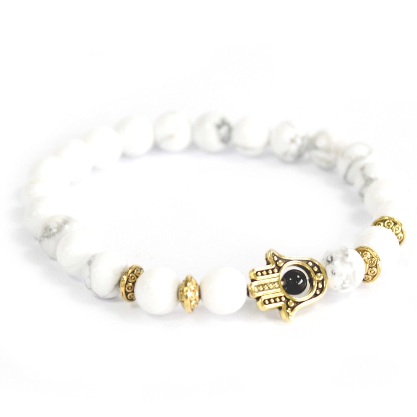 Polished Gold Hamsa / White Stone - Gemstone Bracelet featuring natural patterning and unique variations - Luna Panther