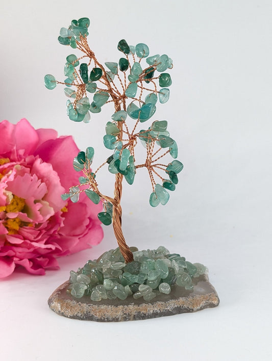 Polished Green Aventurine Crystal Tree on Natural Agate 135mm featuring green tone with subtle sparkle - Luna Panther