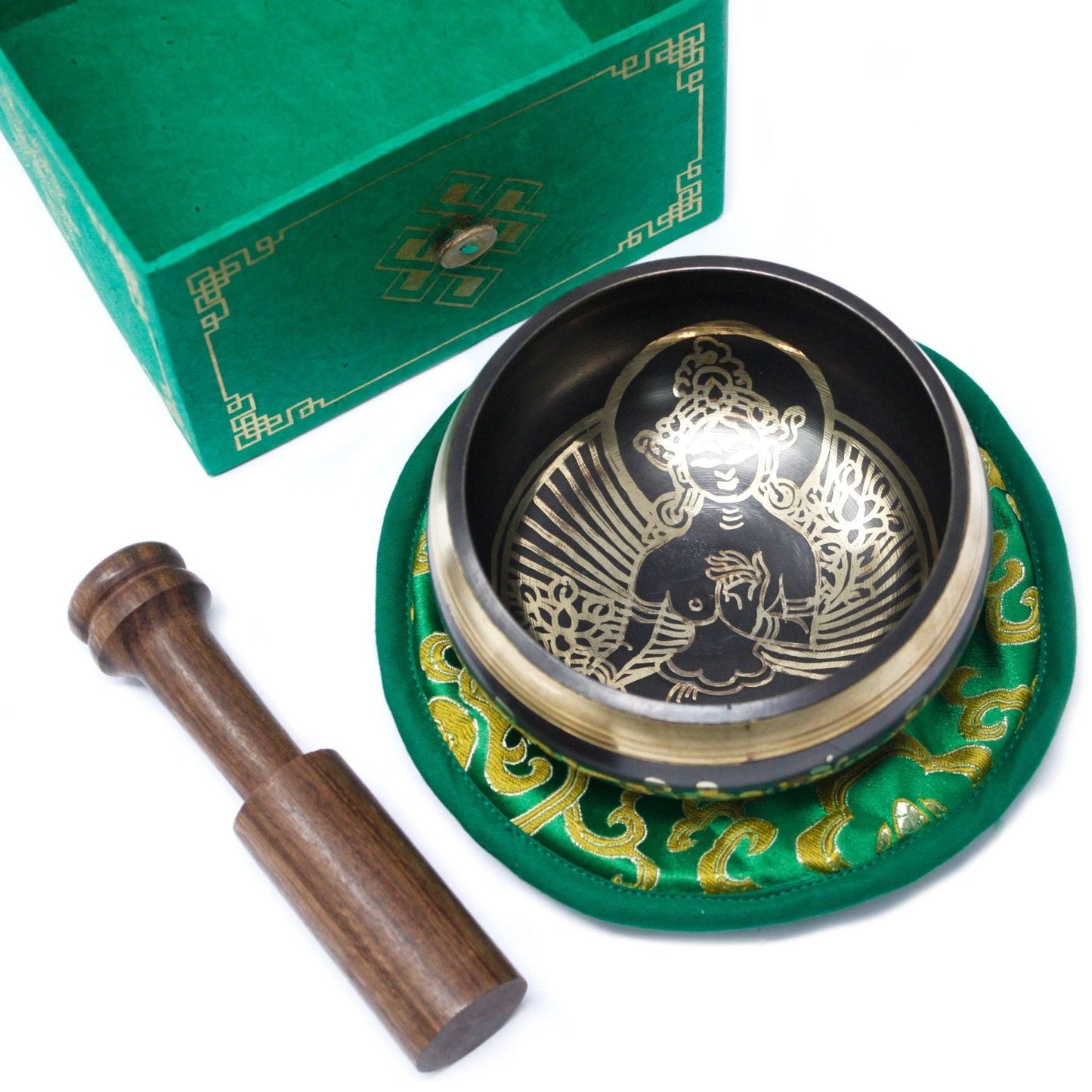 Polished Green Tara Singing Bowl Set 10cm (min 380gm) featuring natural patterning and unique variations - Luna Panther