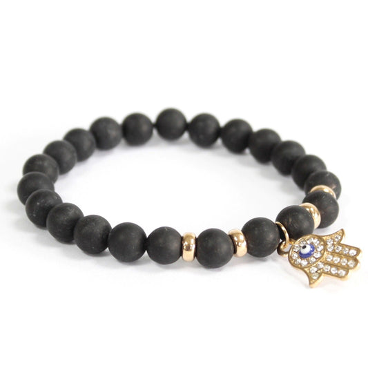 Polished Hamsa / Black Agate - Gemstone Bracelet featuring banded patterns and glossy finish - Luna Panther