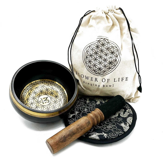 Polished Hand Beaten & Engraved Singing Bowl Gift Set - 14cm - Flower of Life featuring natural patterning and unique variations - Luna Panther