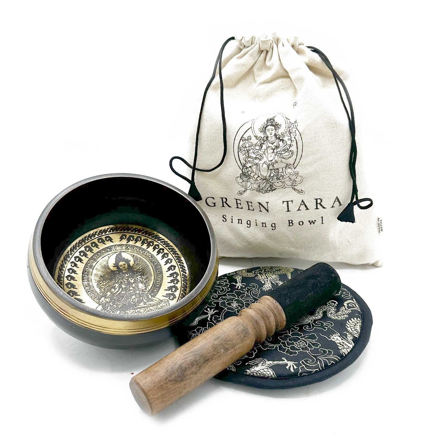 Polished Hand Beaten & Engraved Singing Bowl Gift Set - 14cm - Green Tara featuring natural patterning and unique variations - Luna Panther