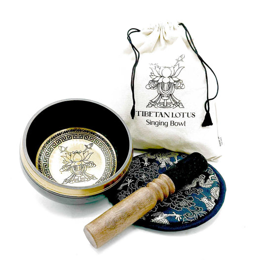 Polished Hand Beaten & Engraved Singing Bowl Gift Set - 14cm - Lotus Flower featuring natural patterning and unique variations - Luna Panther