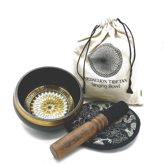 Polished Hand Beaten & Engraved Singing Bowl Gift Set - 14cm - Round Medallions featuring natural patterning and unique variations - Luna Panther