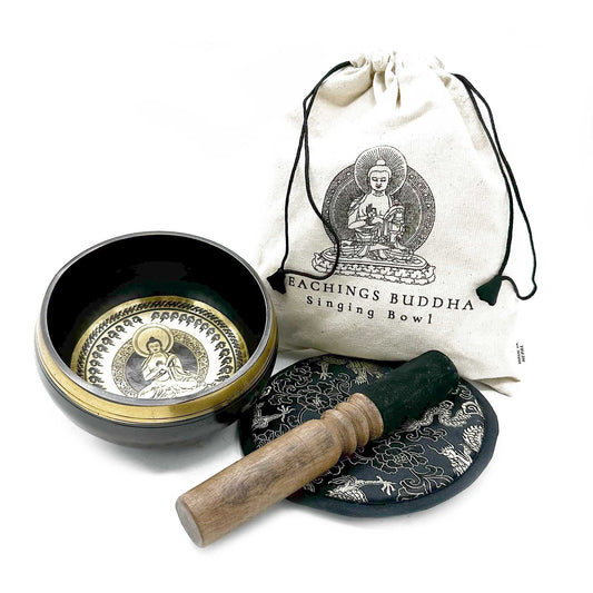 Polished Hand Beaten & Engraved Singing Bowl Gift Set - 14cm - Teachings Buddha featuring natural patterning and unique variations - Luna Panther