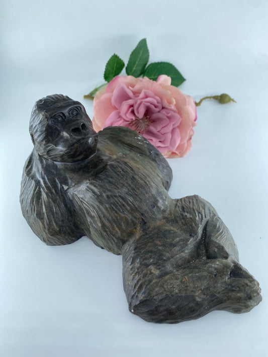 Polished Hand Carved Verdite Gorilla Sculpture 1042 grams featuring natural patterning and unique variations - Luna Panther