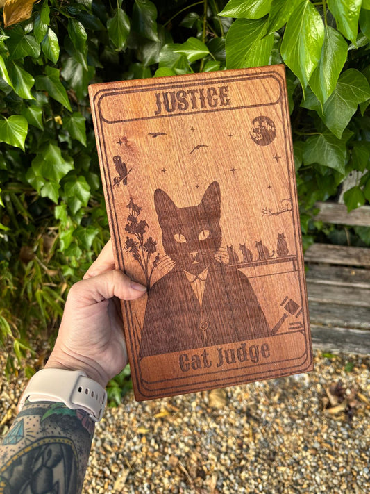 Polished Handcrafted Wooden Tarot Card - Justice/Cat Judge featuring natural patterning and unique variations - Luna Panther