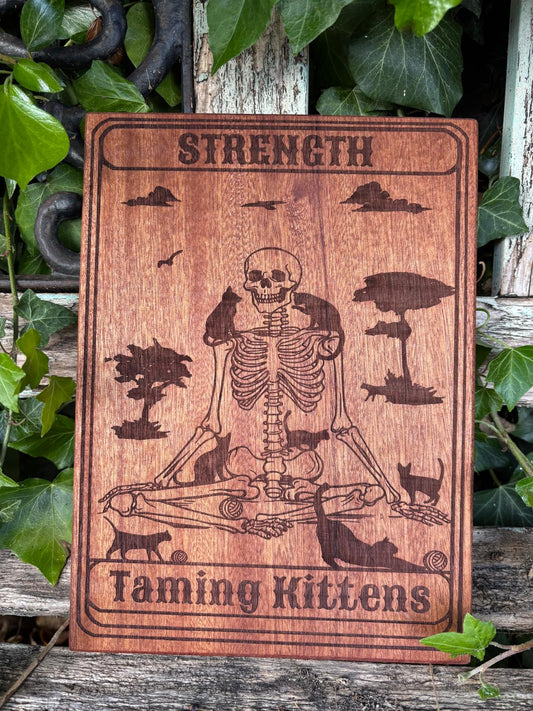 Polished Handcrafted Wooden Tarot Card Strength Taming Kittens featuring natural patterning and unique variations - Luna Panther alternate view